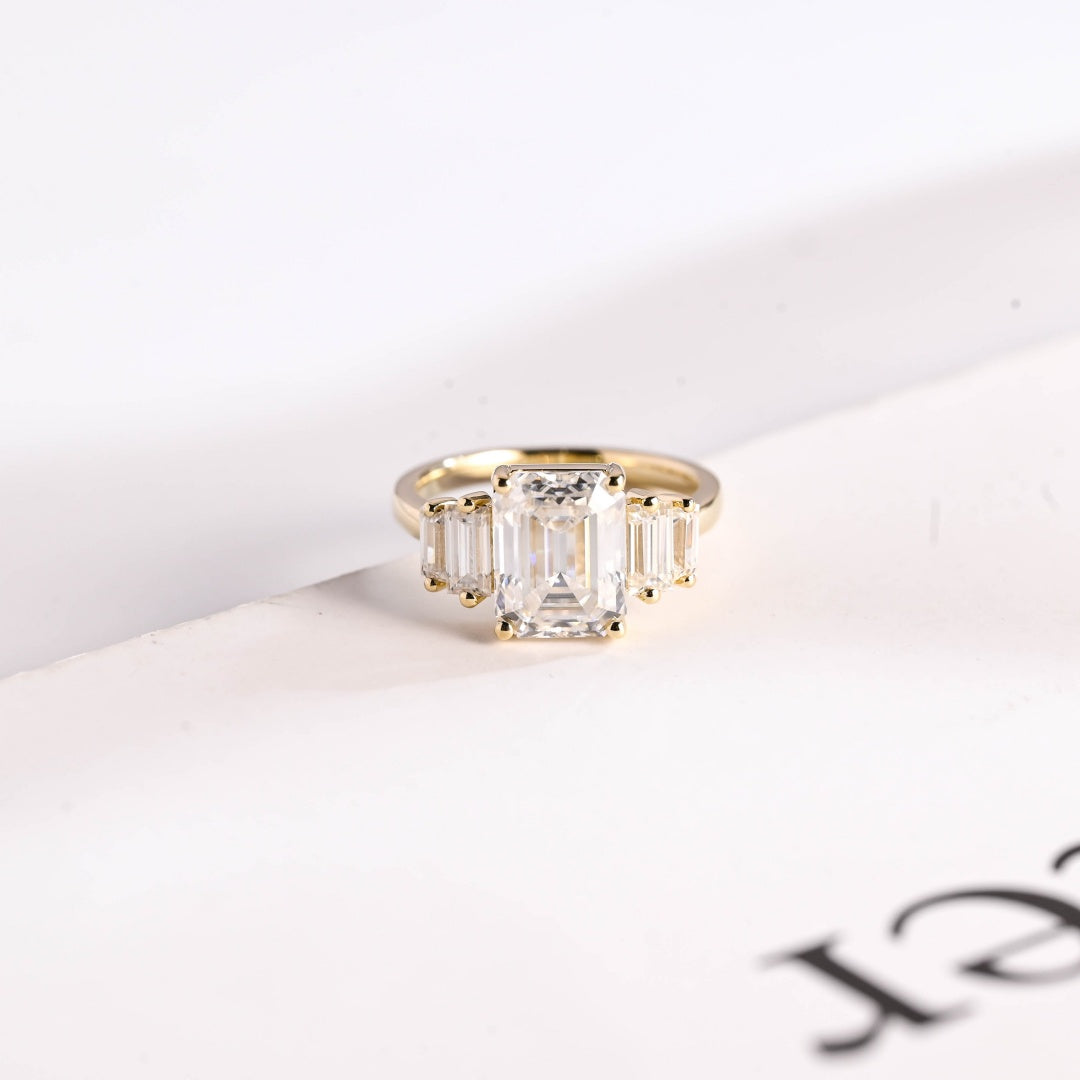 18K Gold Lab Grown Diamond CVD 3CT Emerald & Baguette Cut Engagement Ring
