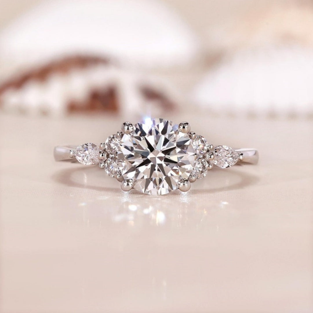 10K Gold Lab Grown Diamond CVD 2CT Round-Cut Side Stone Marquise Engagement Ring