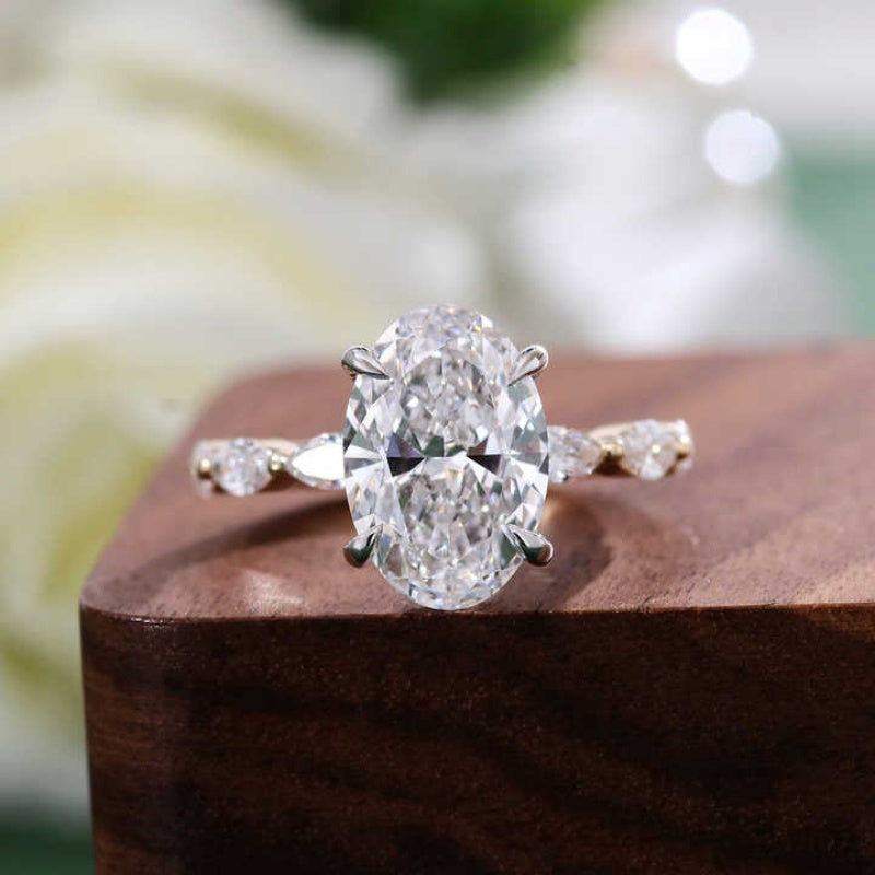 14K Gold Lab Grown Diamond CVD 2CT Oval-Cut Side Stone Marquise Two Tone Anniversary Ring
