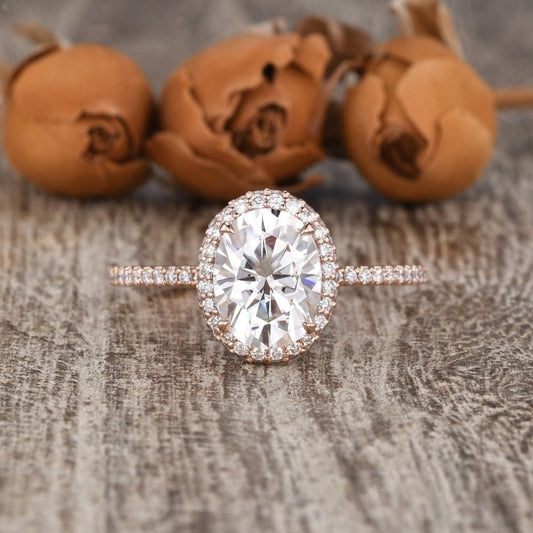 14K Gold Lab Grown Diamond CVD 1CT Oval-Cut Hidden Halo Paved Band Engagement Ring