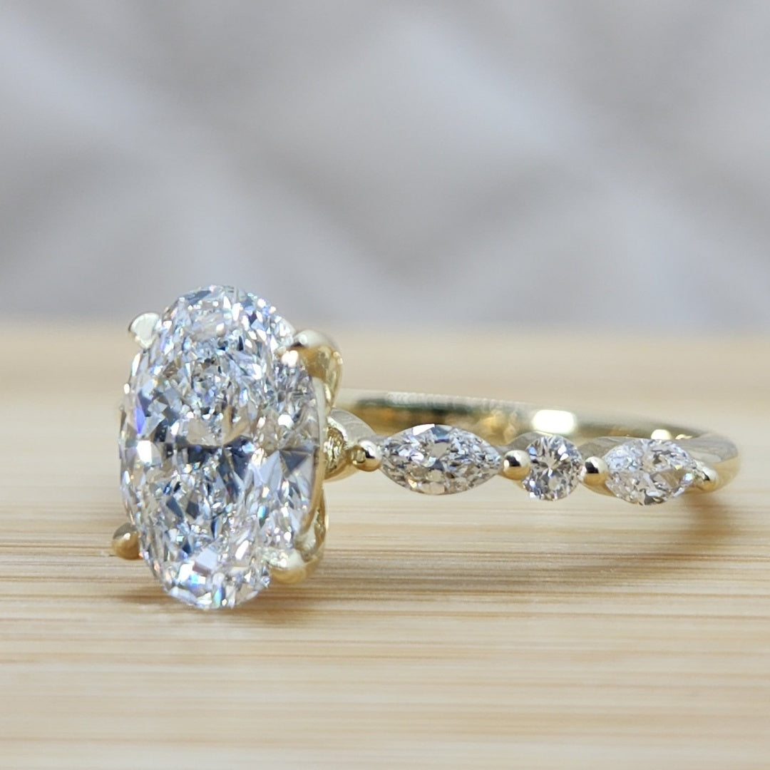 14K Gold Lab Grown Diamond CVD 2CT Oval-Cut Marquise Side Stones Engagement Ring