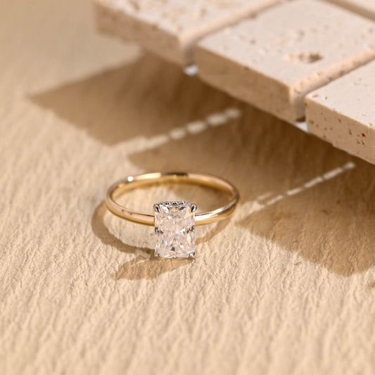 18k Gold Lab Grown Diamond CVD 2CT Crushed Ice Radiant-Cut Two-Tone Hidden Halo Dainty Proposal Ring