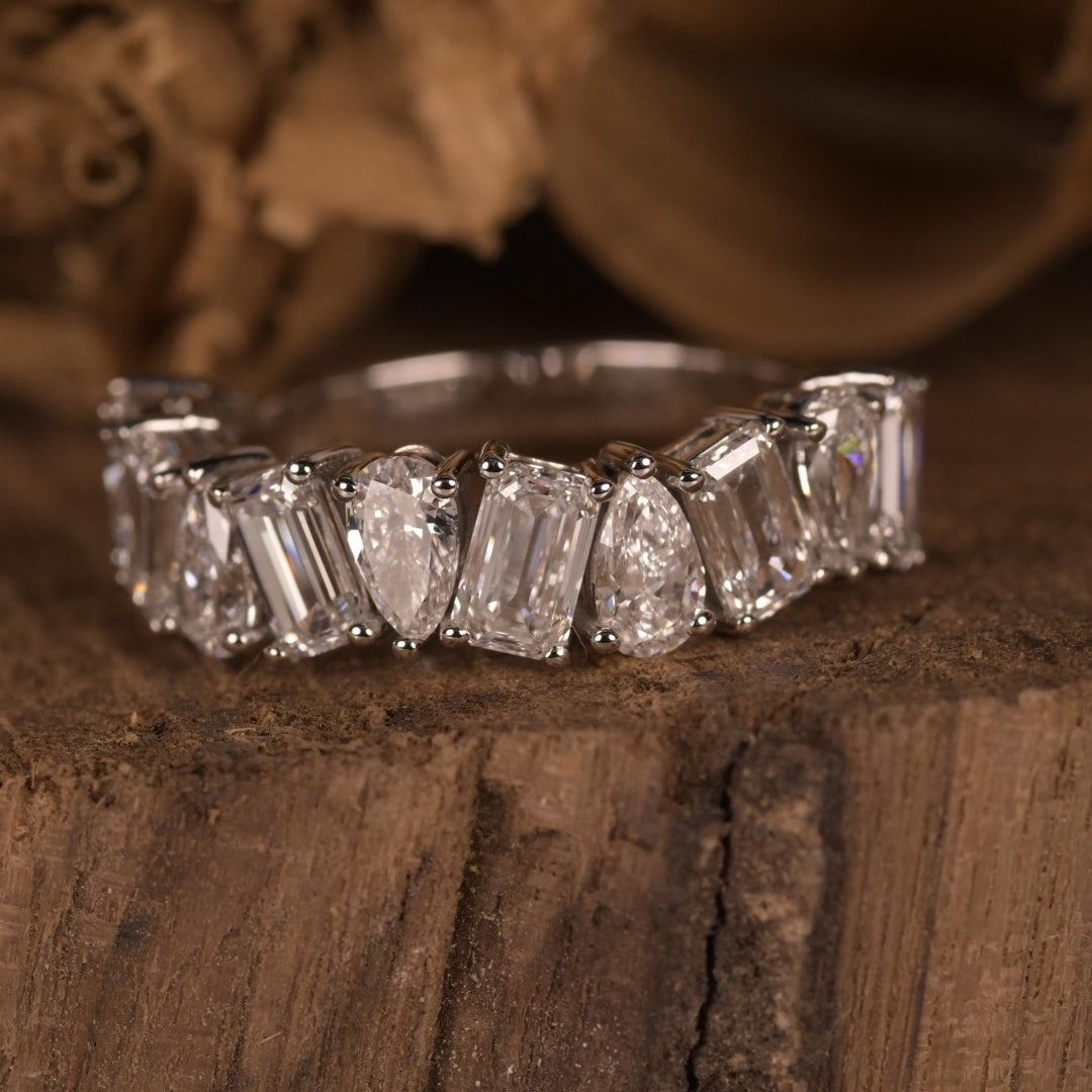14K Gold Lab Grown Diamond CVD Pear and Emerald Cut Wedding Band