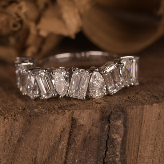 14K Gold Lab Grown Diamond CVD Pear and Emerald Cut Wedding Band