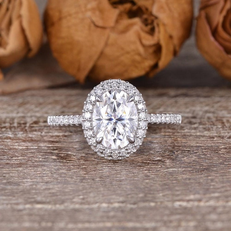 10K Gold Lab Grown Diamond CVD 2CT Oval-Cut Unique Hidden Halo Engagement Ring