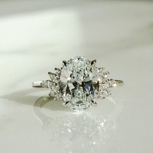 14K Gold Lab Grown Diamond CVD 3CT Oval-Cut Sunflower Design Niche and Unique Ring