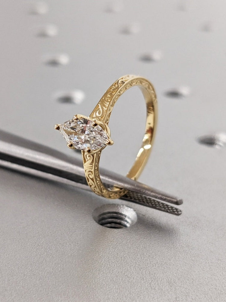 18k Gold Raw Salt and Pepper Diamond 1CT Marquise-Cut Classic Solitaire Engagement Ring