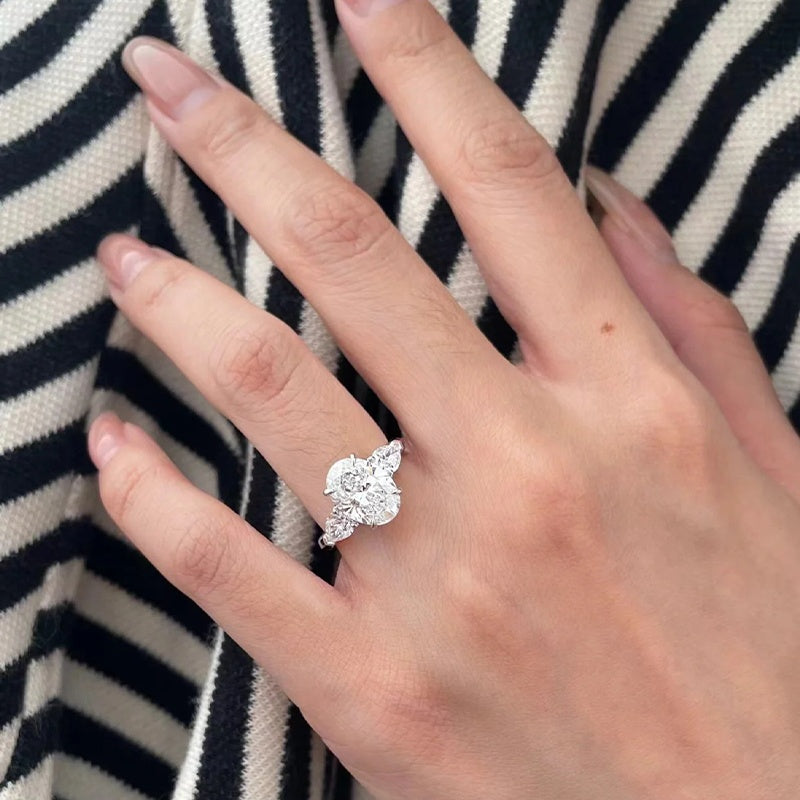 10K Gold Lab Grown Diamond CVD 3CT Oval-Cut Elegant Three Stone Engagement Ring