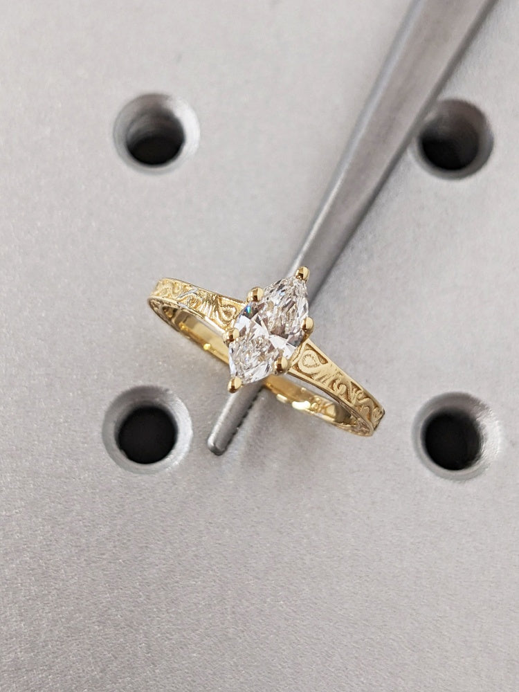 18k Gold Raw Salt and Pepper Diamond 1CT Marquise-Cut Classic Solitaire Engagement Ring