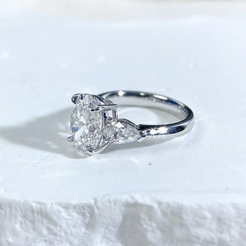 10K Gold Lab Grown Diamond CVD 3CT Oval-Cut Elegant Three Stone Engagement Ring