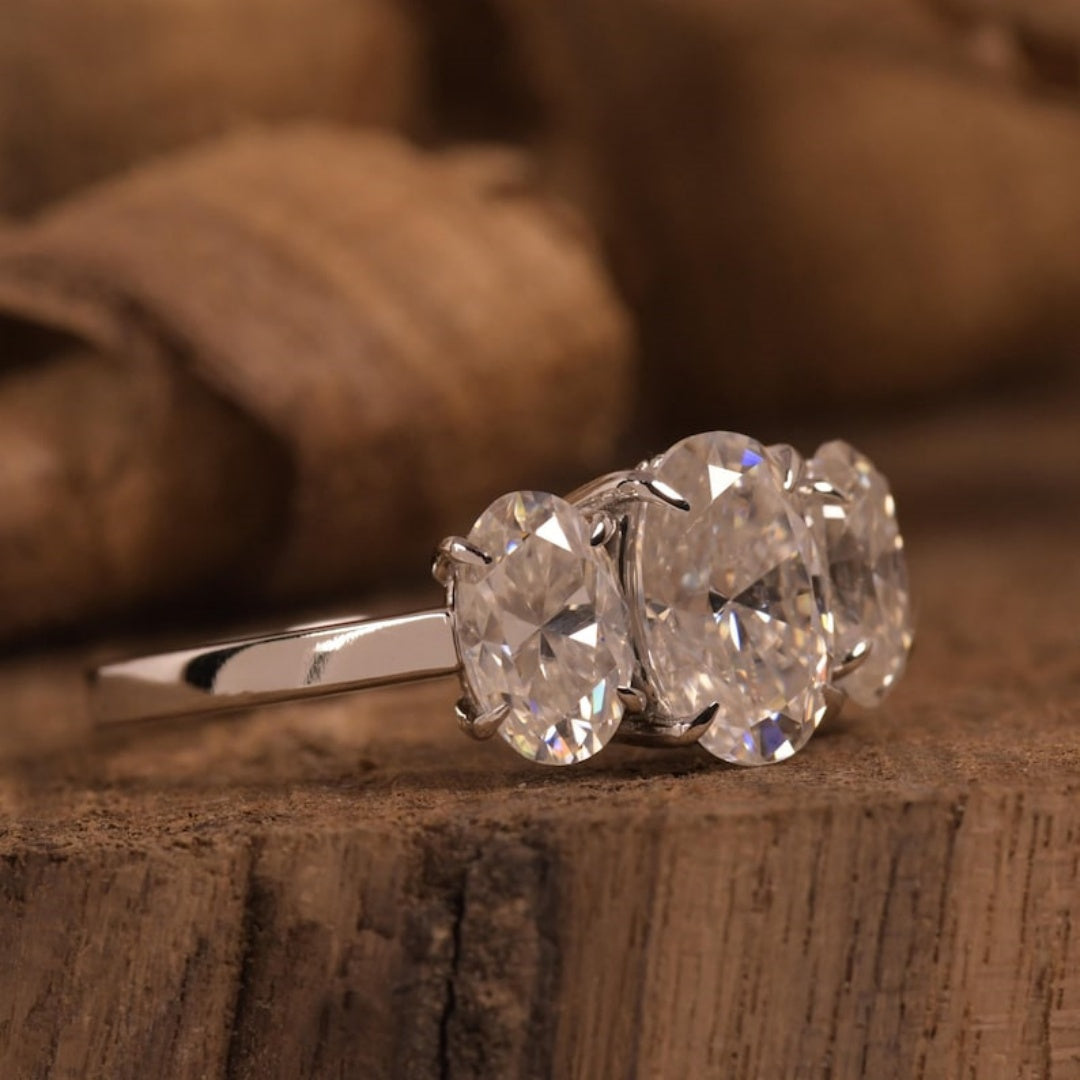 14K Gold Lab Grown Diamond CVD 4CT Ovla-Cut 3-Stones Anniversary Ring For Birthday Gift