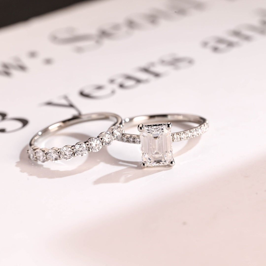 14K Gold Lab Grown Diamond CVD 2CT Emerald-Cut Engagement Ring Set For Birthday Gift