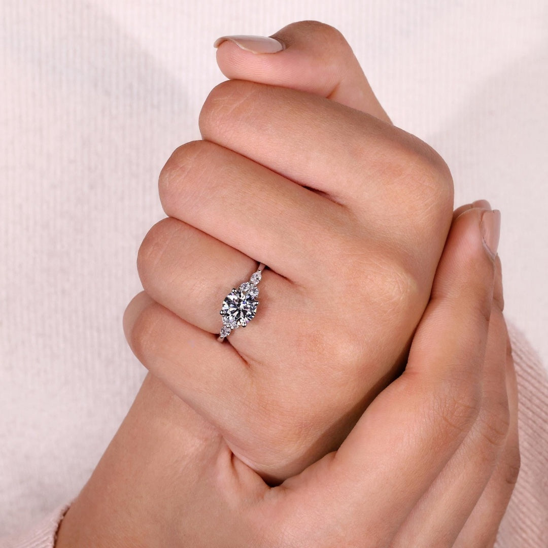 10K Gold Lab Grown Diamond CVD 2CT Round-Cut Side Stone Marquise Engagement Ring