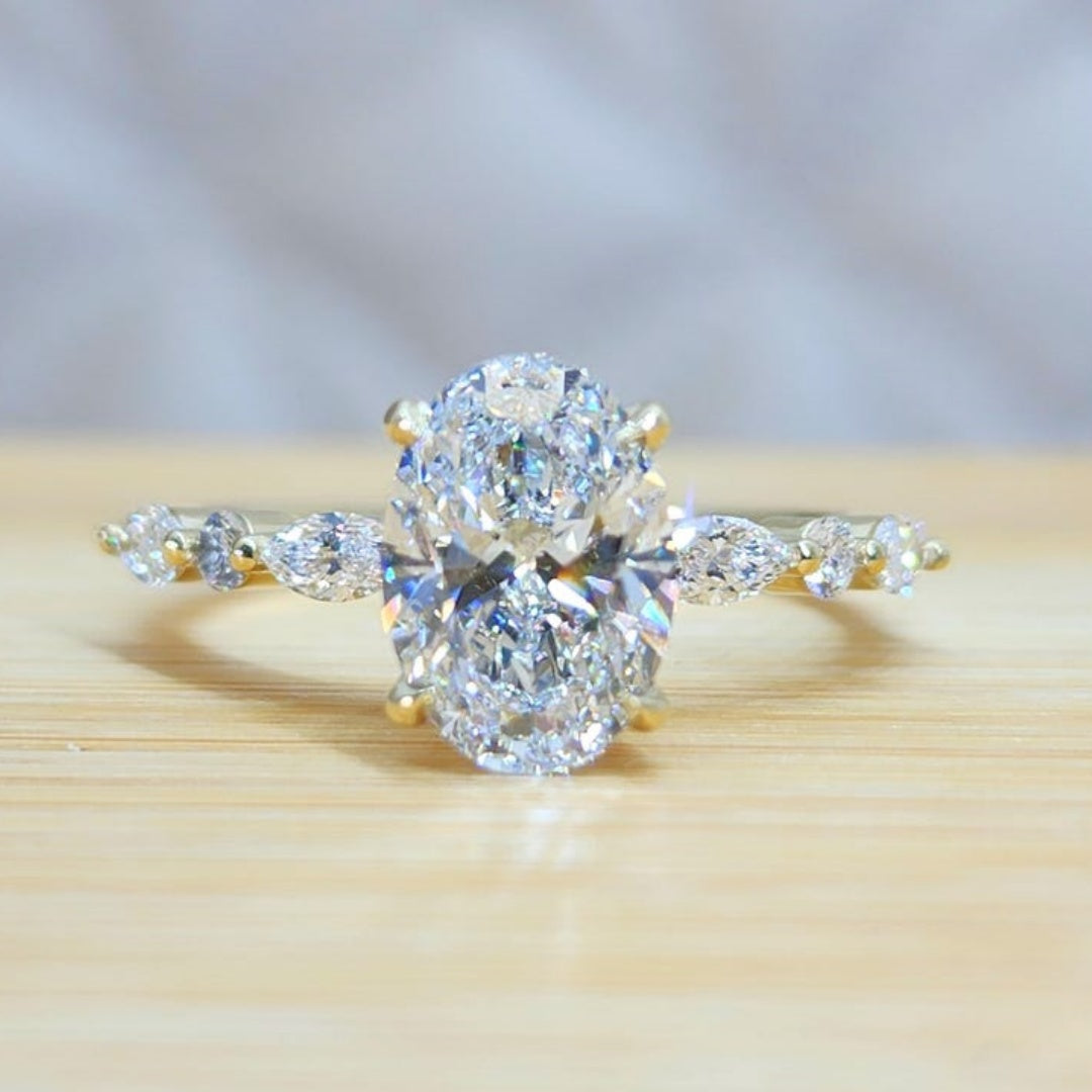 14K Gold Lab Grown Diamond CVD 2CT Oval-Cut Marquise Side Stones Engagement Ring