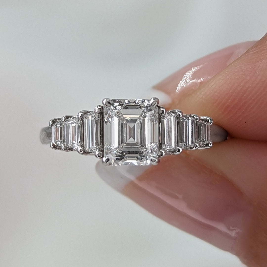 14K Gold Lab Grown Diamond CVD 2CT Emerald-Cut Five Stone Promise Ring For Daily Wear