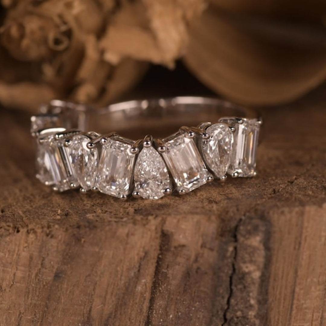 14K Gold Lab Grown Diamond CVD Pear and Emerald Cut Wedding Band