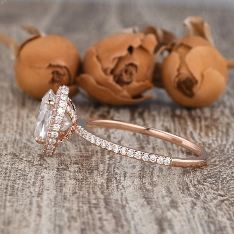 14K Gold Lab Grown Diamond CVD 1CT Oval-Cut Hidden Halo Paved Band Engagement Ring