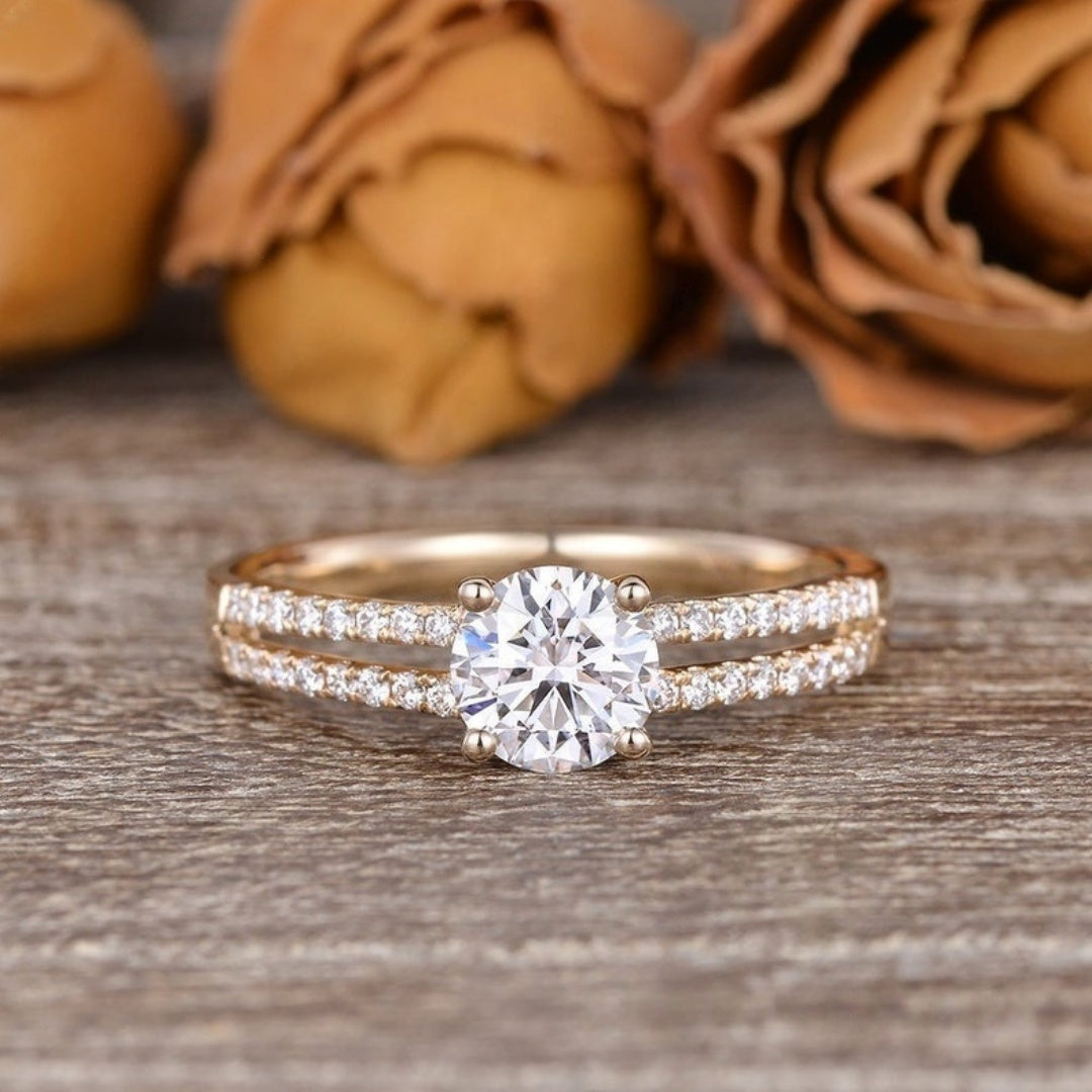 10K Gold Lab Grown Diamond CVD 2CT Round-Cut Bridal Ring Set For Her
