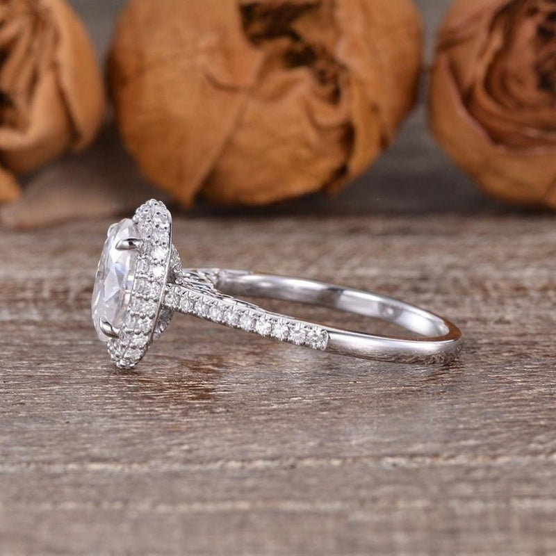10K Gold Lab Grown Diamond CVD 2CT Oval-Cut Unique Hidden Halo Engagement Ring