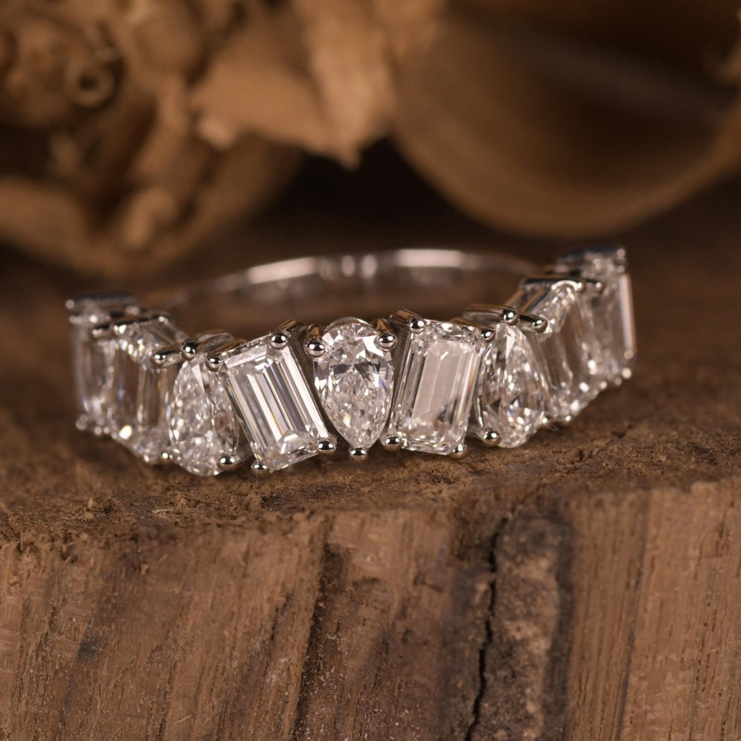 14K Gold Lab Grown Diamond CVD Pear and Emerald Cut Wedding Band