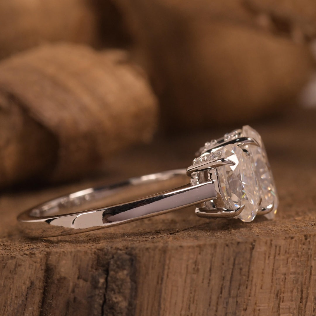 14K Gold Lab Grown Diamond CVD 4CT Ovla-Cut 3-Stones Anniversary Ring For Birthday Gift