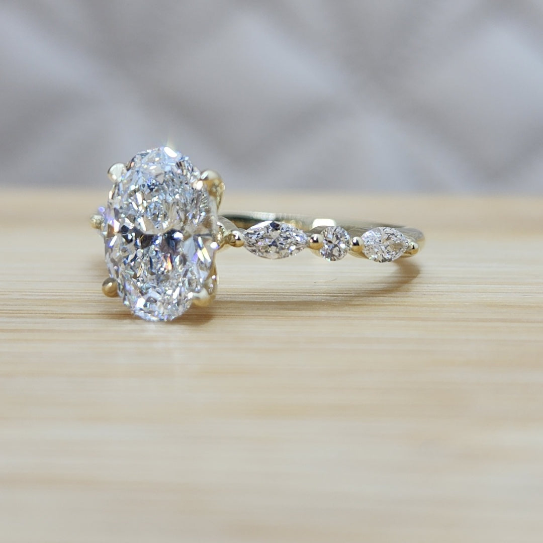 14K Gold Lab Grown Diamond CVD 2CT Oval-Cut Marquise Side Stones Engagement Ring