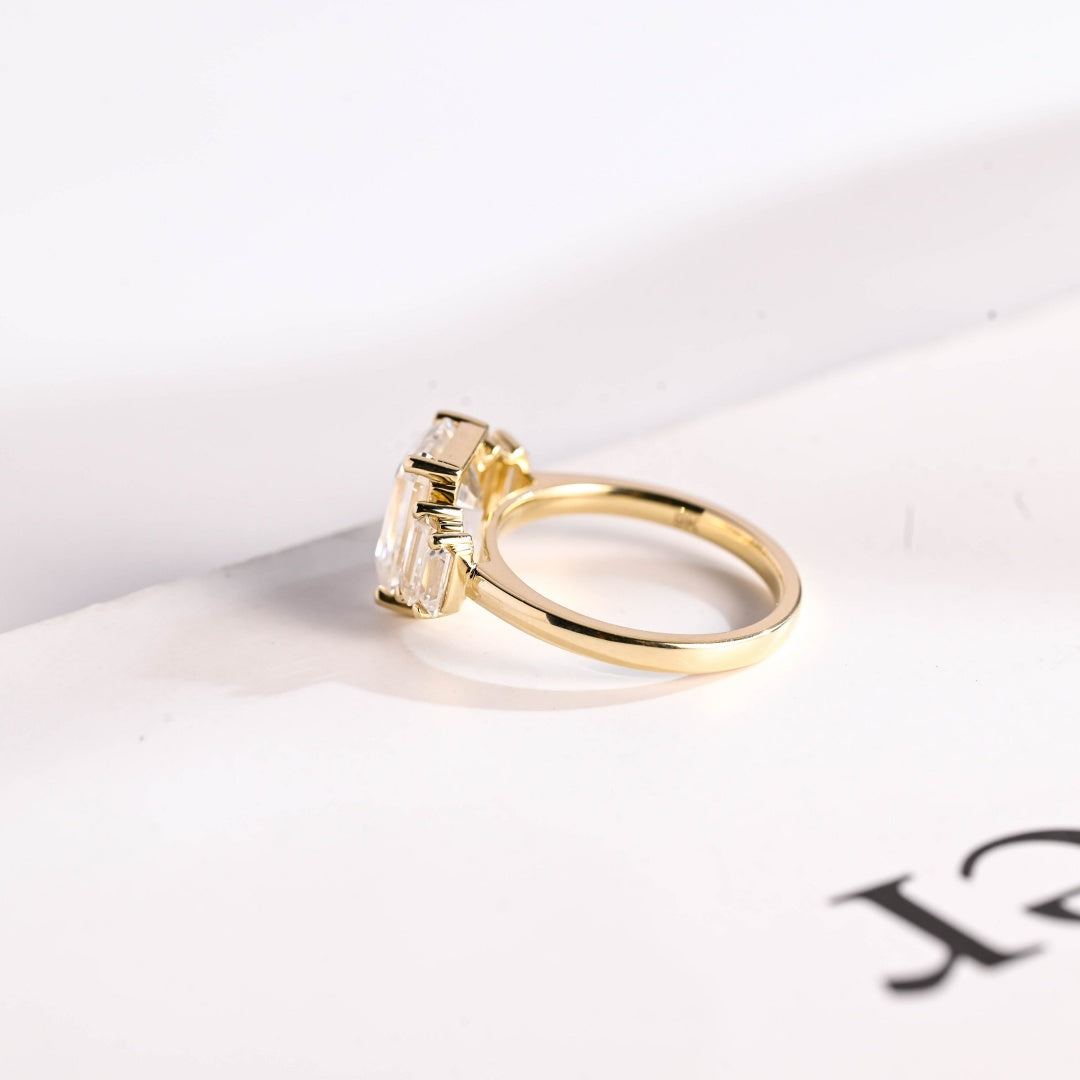 18K Gold Lab Grown Diamond CVD 3CT Emerald & Baguette Cut Engagement Ring