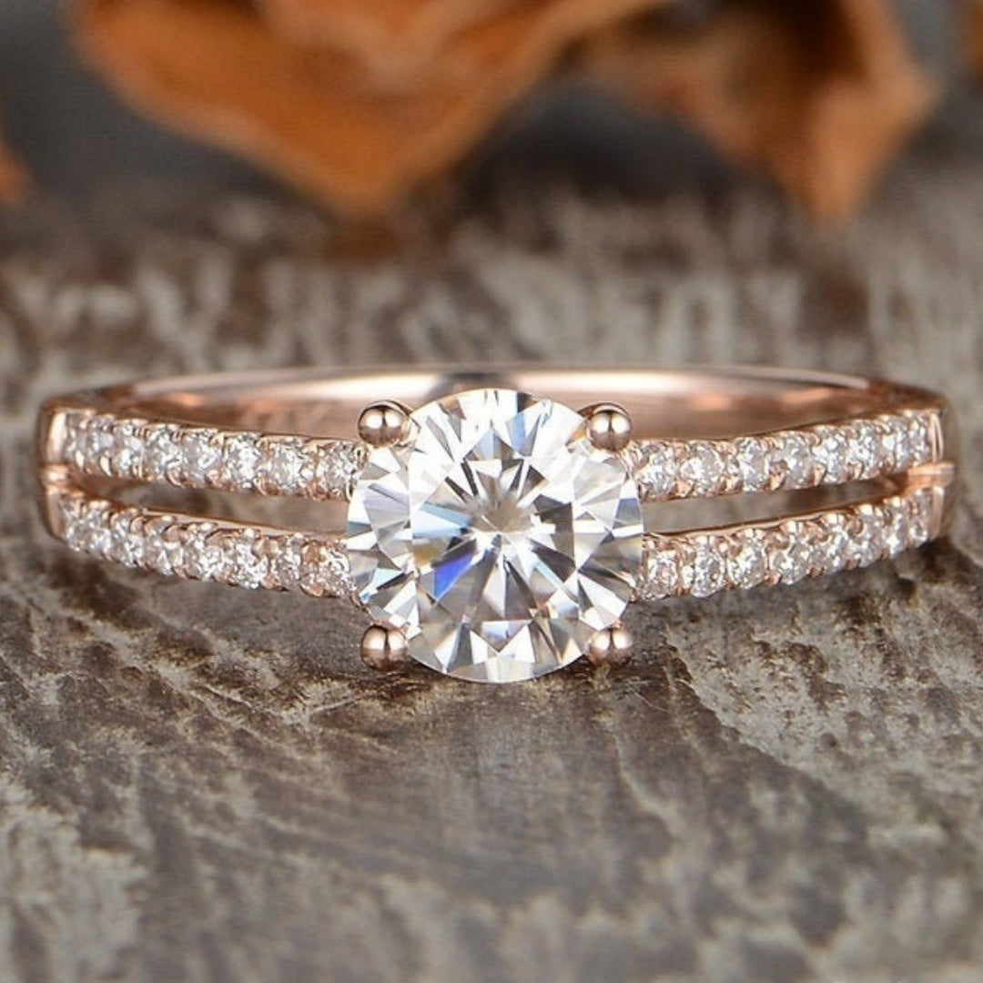 10K Gold Lab Grown Diamond CVD 2CT Round-Cut Bridal Ring Set For Her