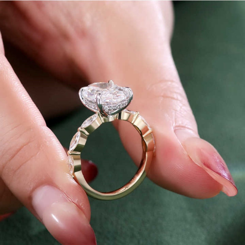 14K Gold Lab Grown Diamond CVD 2CT Oval-Cut Side Stone Marquise Two Tone Anniversary Ring
