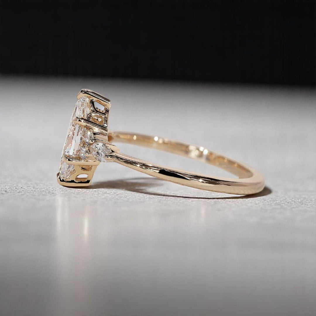 18K Gold Lab Grown Diamond CVD 2CT Marquise-Cut Art Deco Tulip Set Wedding Ring