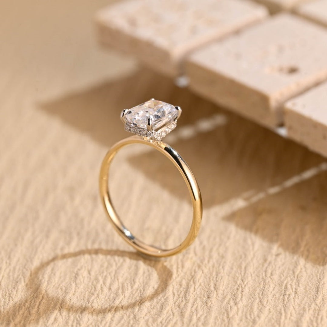 18k Gold Lab Grown Diamond CVD 2CT Crushed Ice Radiant-Cut Two-Tone Hidden Halo Dainty Proposal Ring
