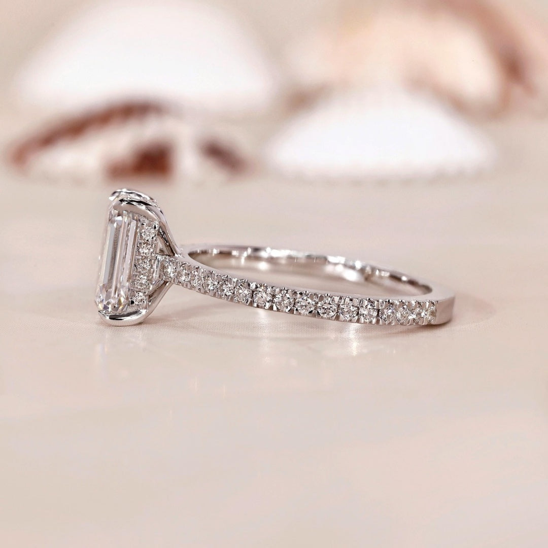 10K Gold Lab Grown Diamond CVD 2CT Emerald-Cut Hidden Halo Pave Band Engagement Ring