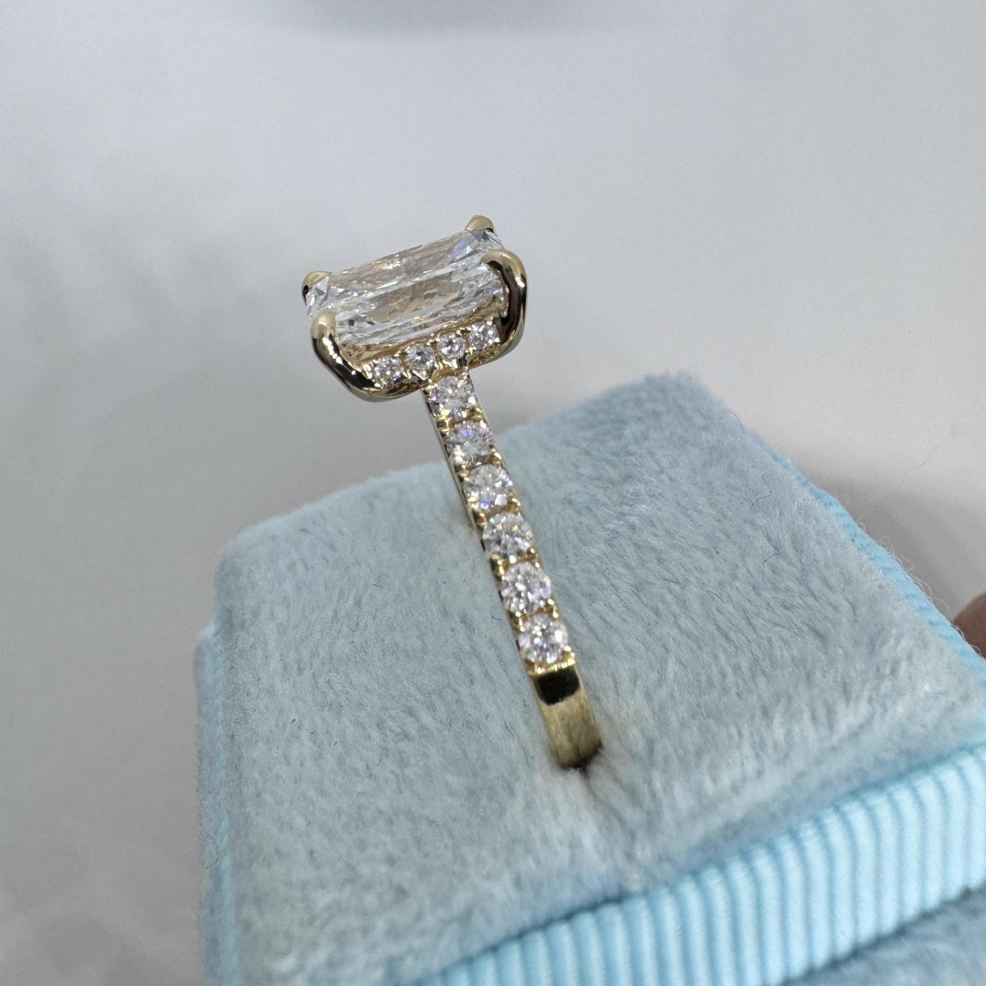 14K Gold Lab Grown Diamond CVD 2CT Radiant-Cut Yellow Gold Hidden Halo Anniversary Ring