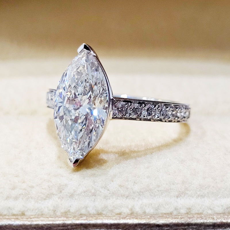 14K Gold Lab Grown Diamond CVD 2CT Marquise-Cut Pave Band Engagement Ring