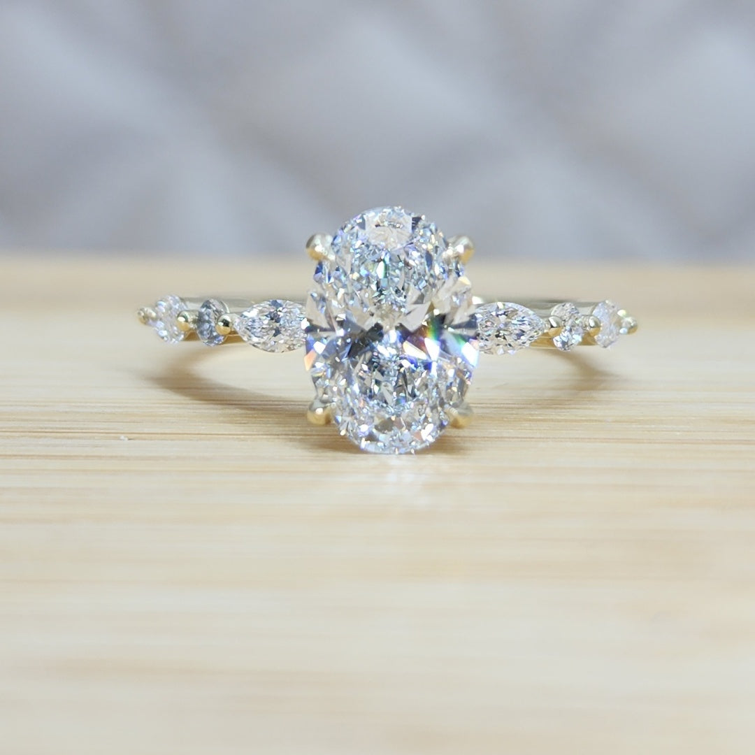 14K Gold Lab Grown Diamond CVD 2CT Oval-Cut Marquise Side Stones Engagement Ring
