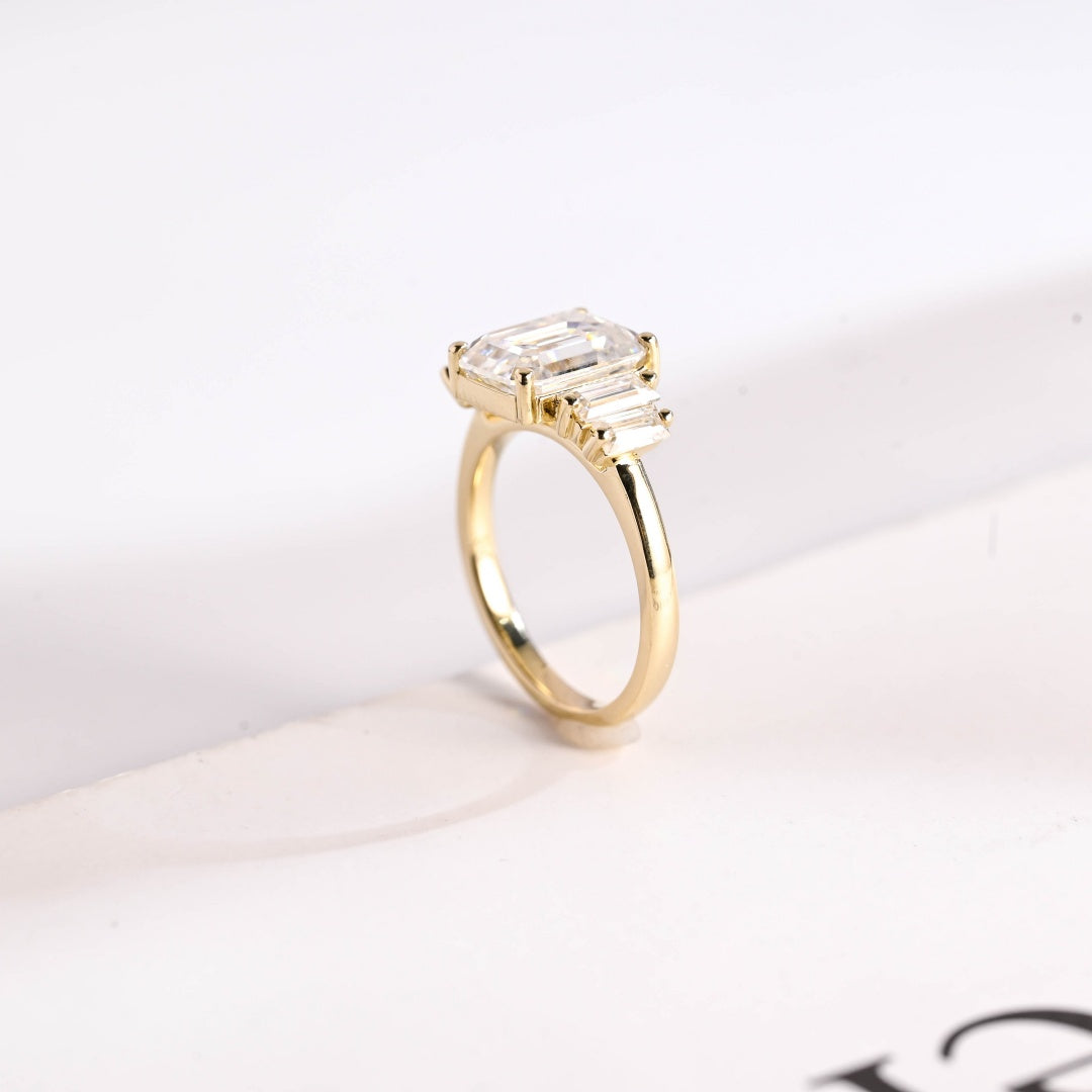 18K Gold Lab Grown Diamond CVD 3CT Emerald & Baguette Cut Engagement Ring