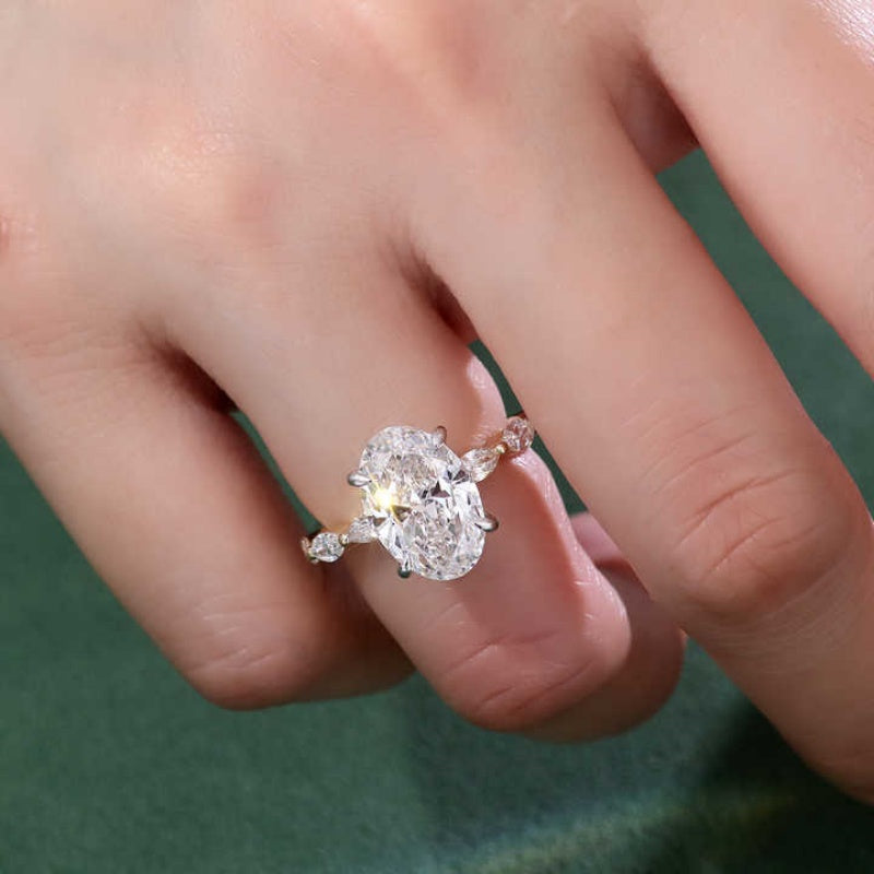 14K Gold Lab Grown Diamond CVD 2CT Oval-Cut Side Stone Marquise Two Tone Anniversary Ring