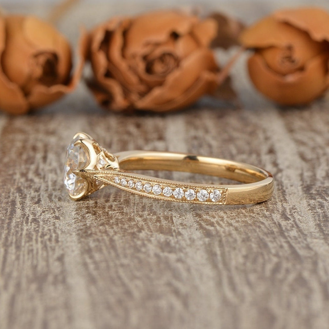 10K Gold Lab Grown Diamond CVD 3CT Round-Cut Six Prongs Flower Star Anniversary Tapered Milgrain Band Antique
