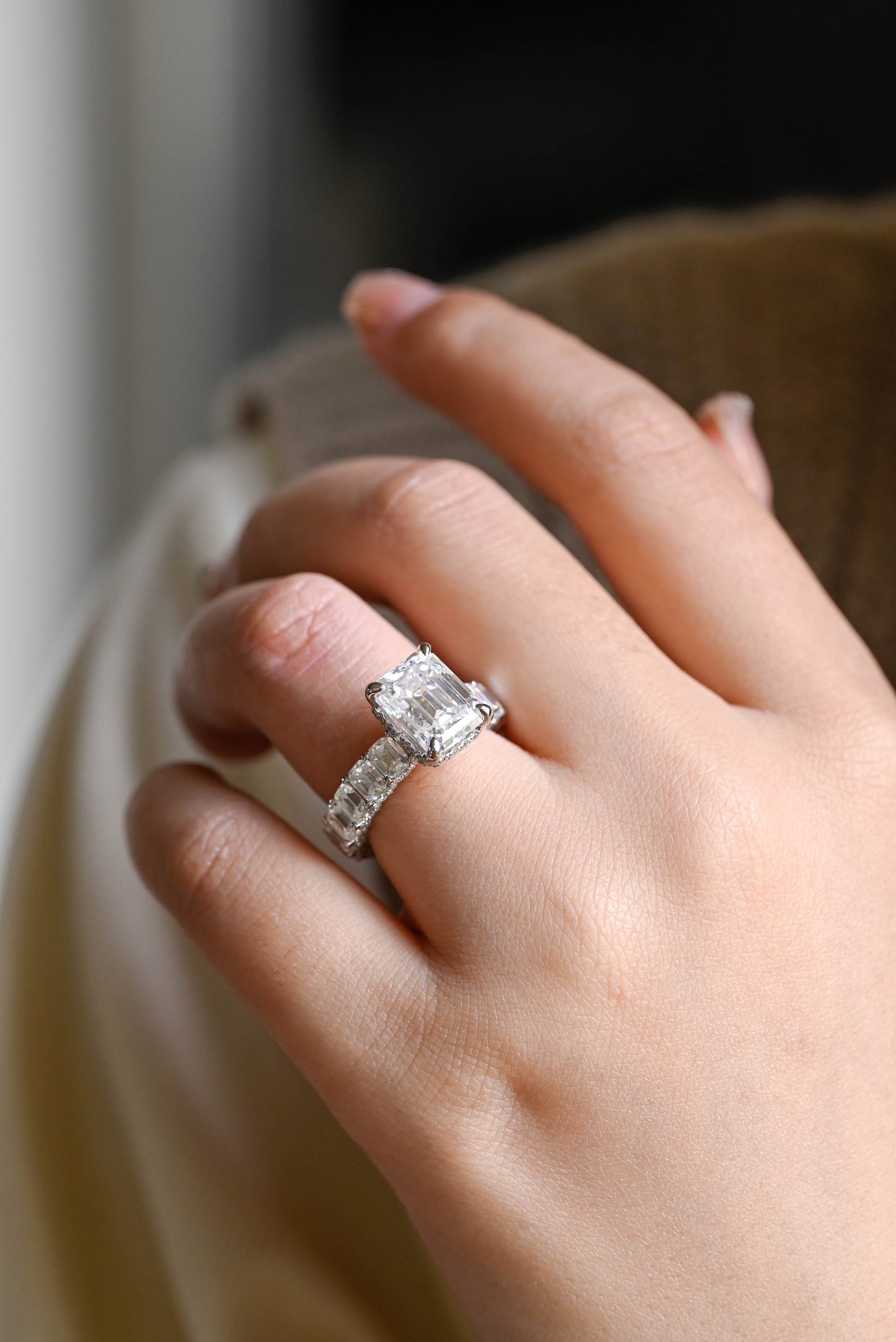 14K Gold Lab Grown Diamond CVD 2CT Emerald-Cut Half Eternity Promise Ring