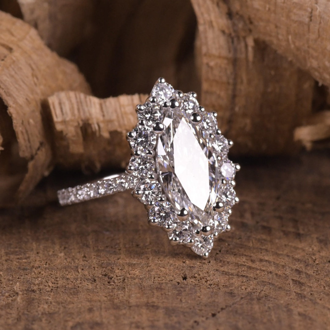 14K Gold Lab Grown Diamond CVD 2CT Marquise-Cut Round Halo Vintage Ring Royal Style