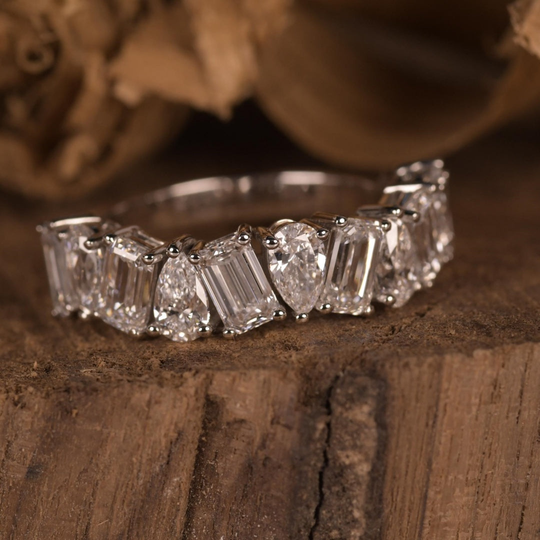 14K Gold Lab Grown Diamond CVD Pear and Emerald Cut Wedding Band