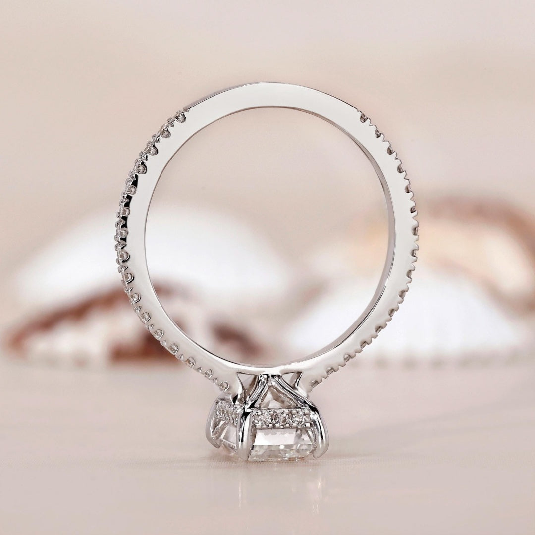 10K Gold Lab Grown Diamond CVD 2CT Emerald-Cut Hidden Halo Pave Band Engagement Ring