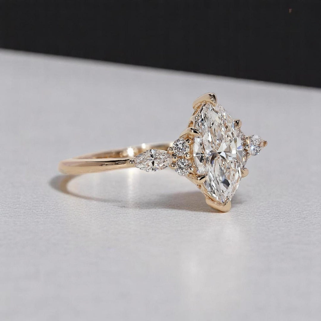 18K Gold Lab Grown Diamond CVD 2CT Marquise-Cut Art Deco Tulip Set Wedding Ring