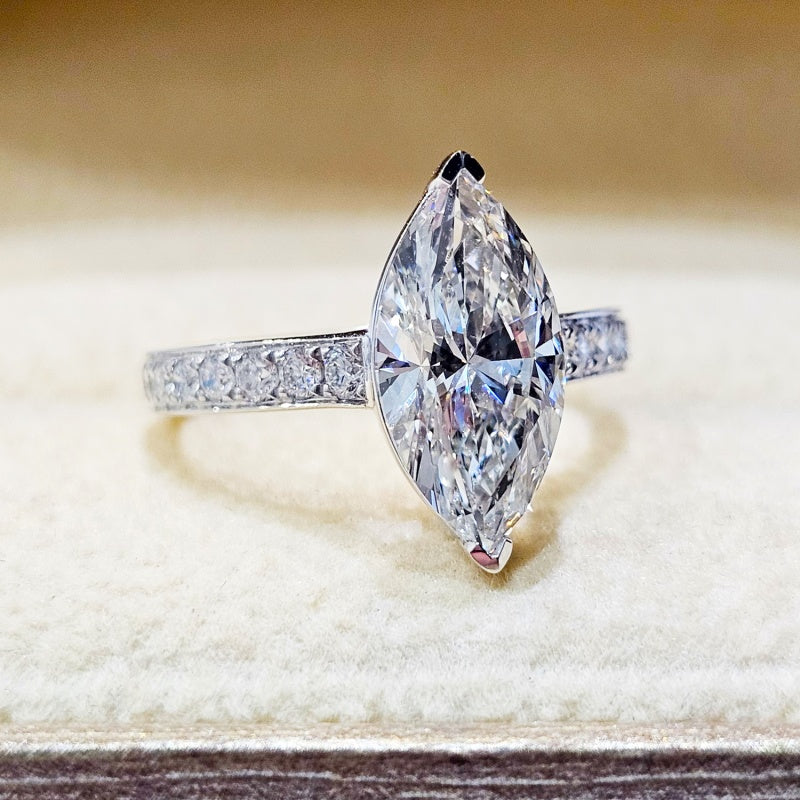 14K Gold Lab Grown Diamond CVD 2CT Marquise-Cut Pave Band Engagement Ring