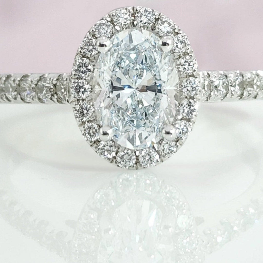 14K Gold Lab Grown Diamond CVD 1CT Oval-Cut Halo Half Eternity Engagement Ring