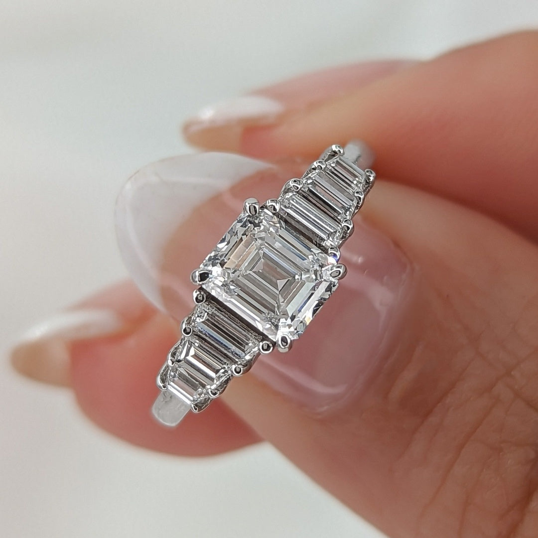 14K Gold Lab Grown Diamond CVD 2CT Emerald-Cut Five Stone Promise Ring For Daily Wear