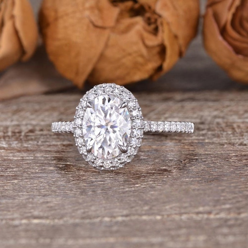 10K Gold Lab Grown Diamond CVD 2CT Oval-Cut Unique Hidden Halo Engagement Ring