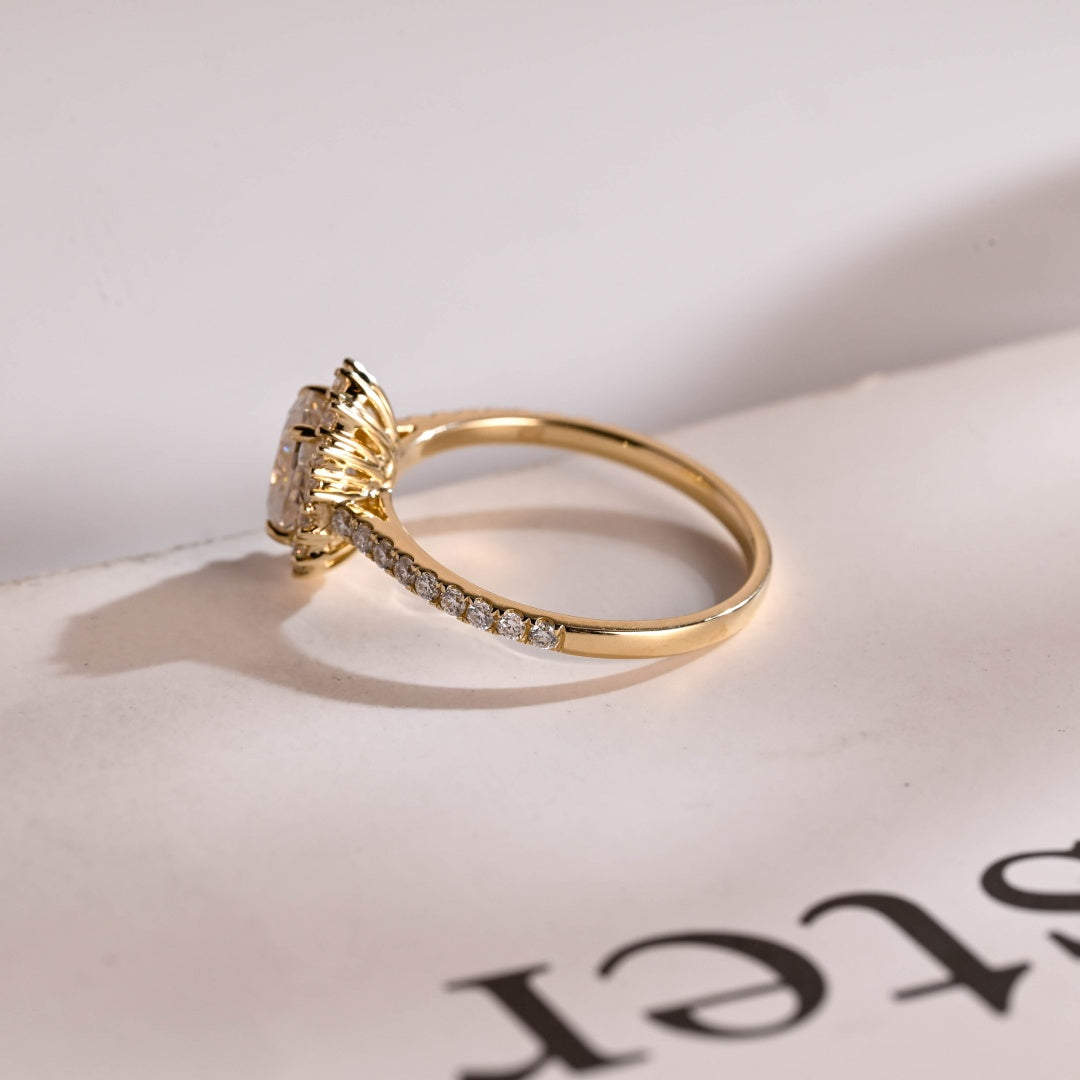 18K Gold Lab Grown Diamond CVD 1.5CT Oval-Cut Floral Halo Half Eternity Engagement Ring