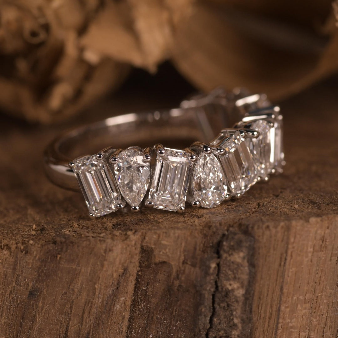 14K Gold Lab Grown Diamond CVD Pear and Emerald Cut Wedding Band