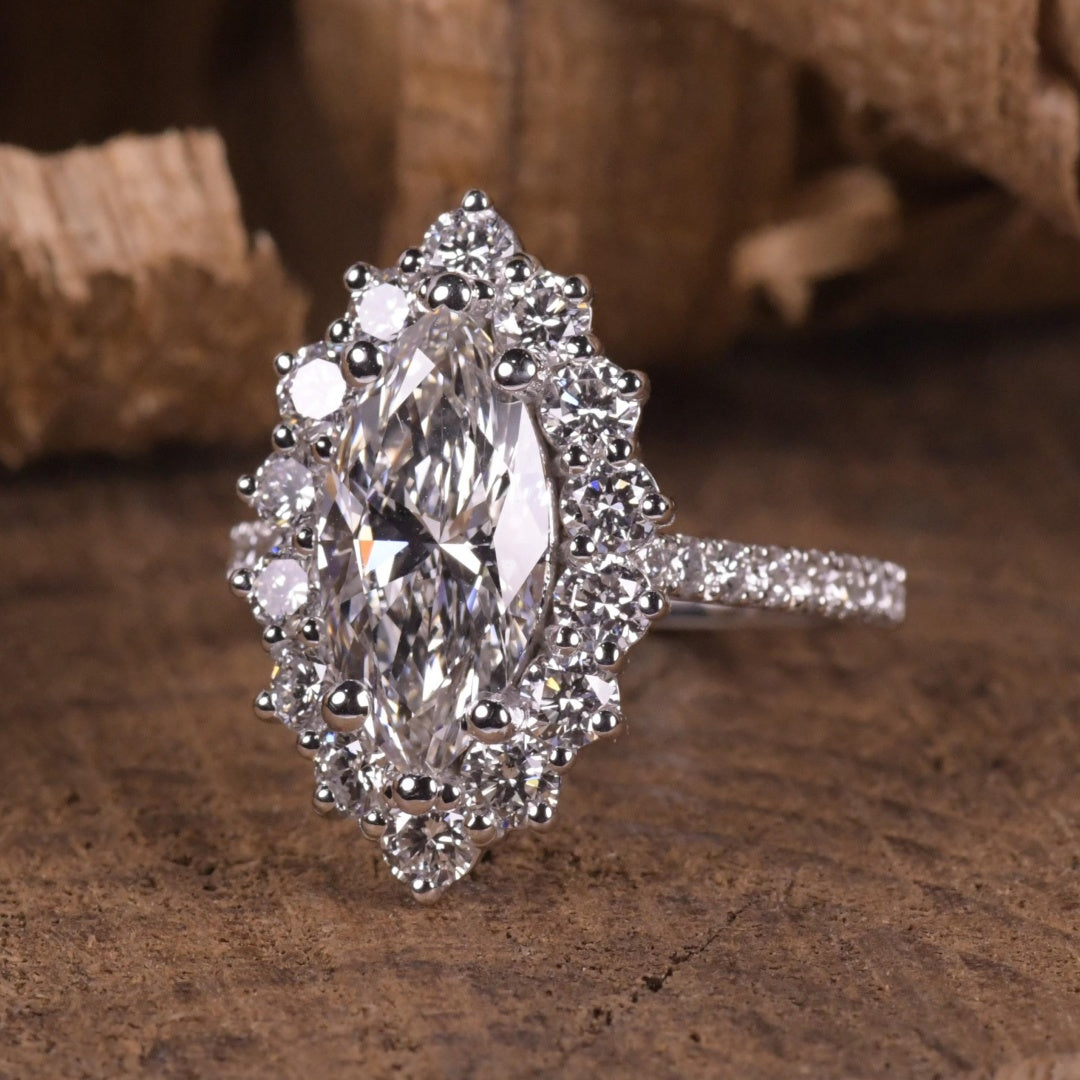14K Gold Lab Grown Diamond CVD 2CT Marquise-Cut Round Halo Vintage Ring Royal Style